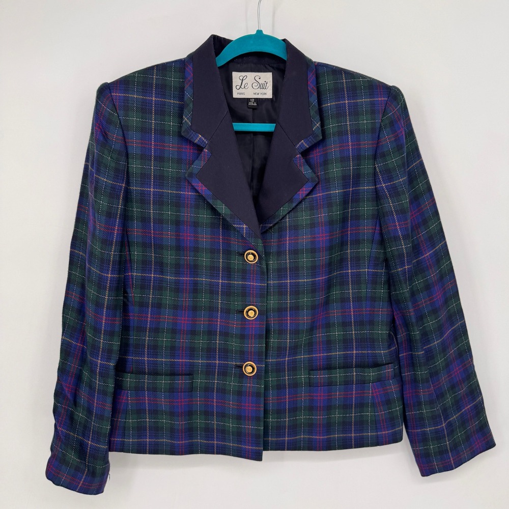 Vintage Le Suit Blazer Women 12 Navy Green Plaid Tartan Gold Button Preppy